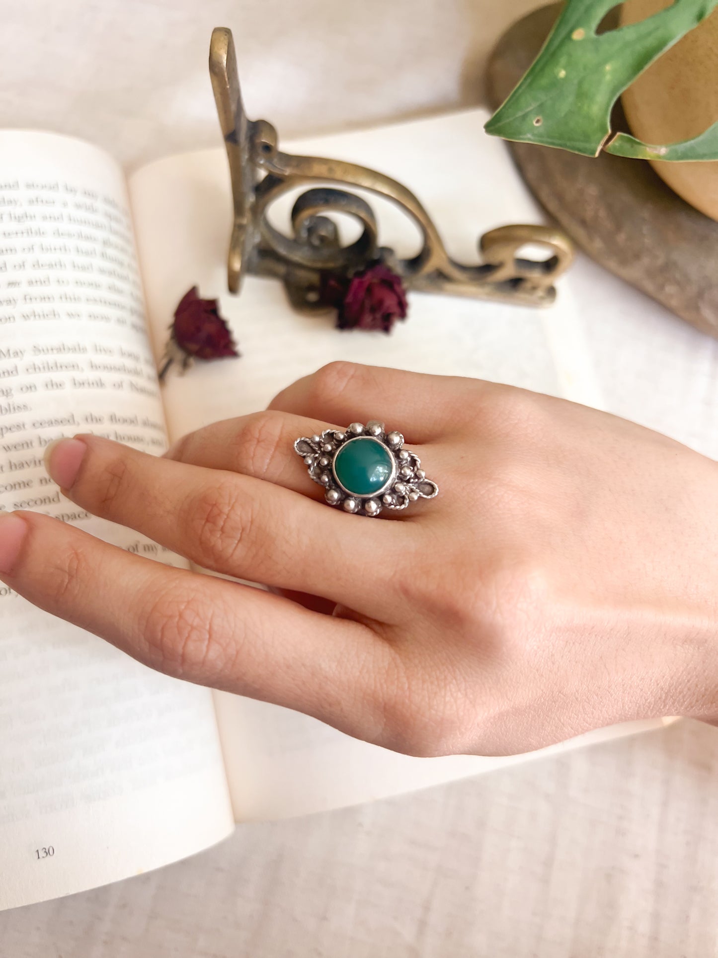 Mandala oxidised silver ring with green onyx (adjustable)