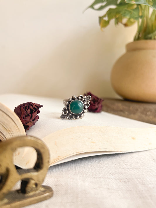 Mandala oxidised silver ring with green onyx (adjustable)