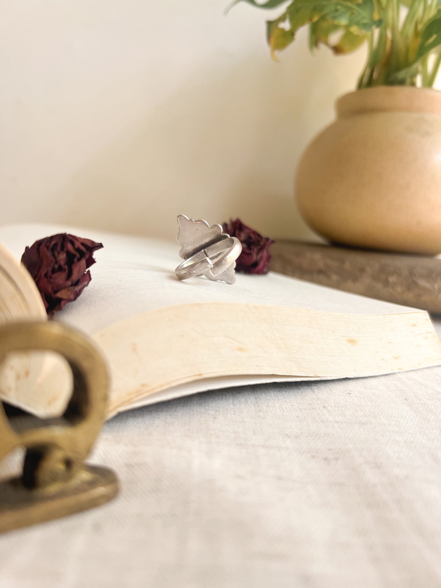 Mandala oxidised silver ring with green onyx (adjustable)