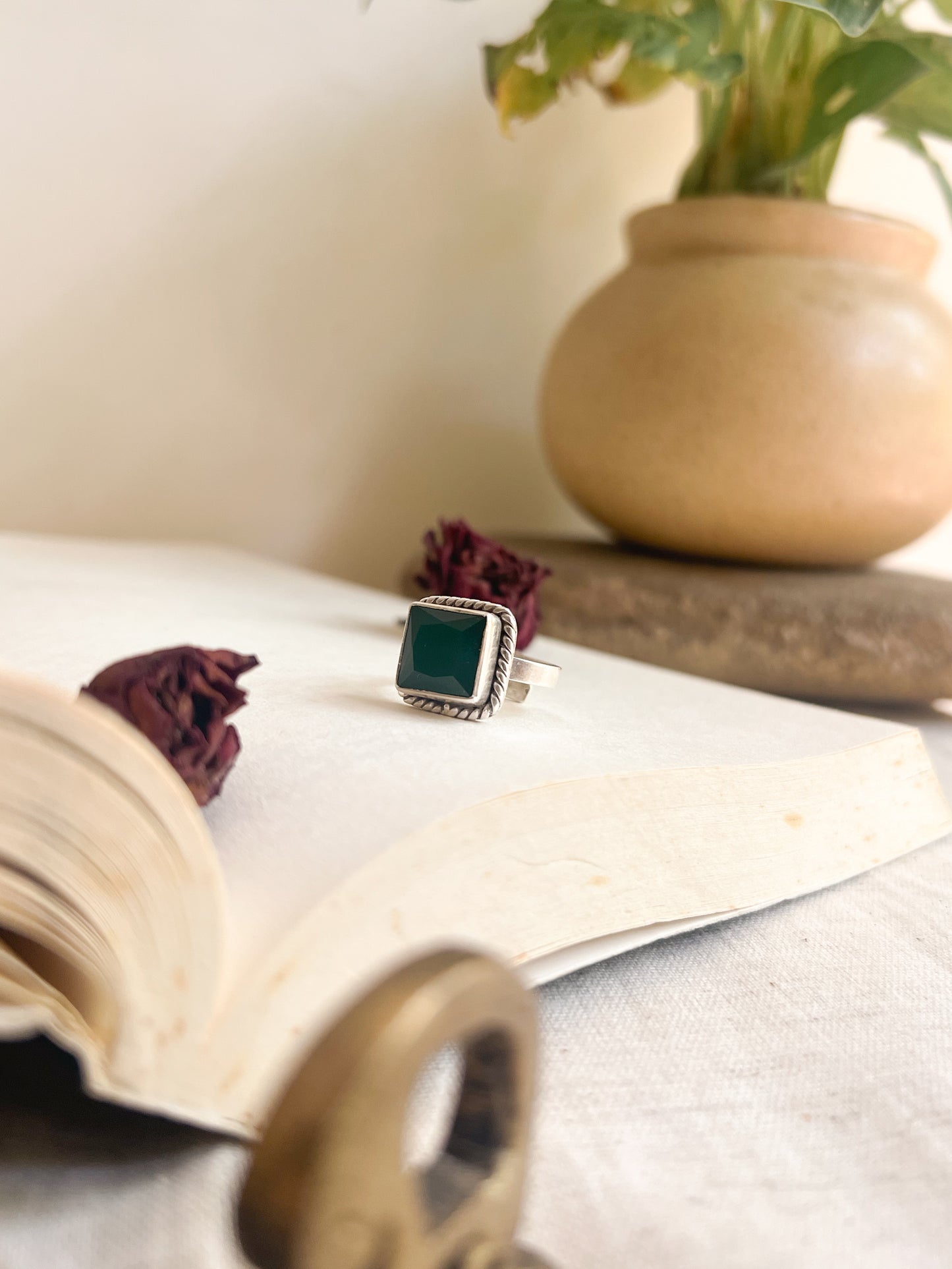 Kashish silver ring with square green onyx (adjustable)