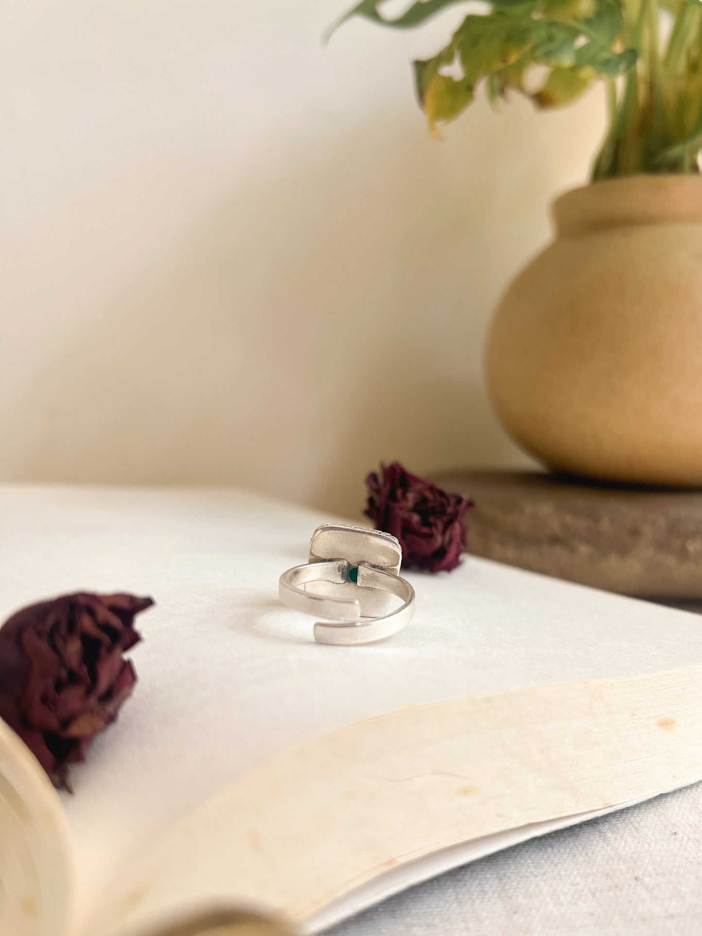 Kashish silver ring with square green onyx (adjustable)