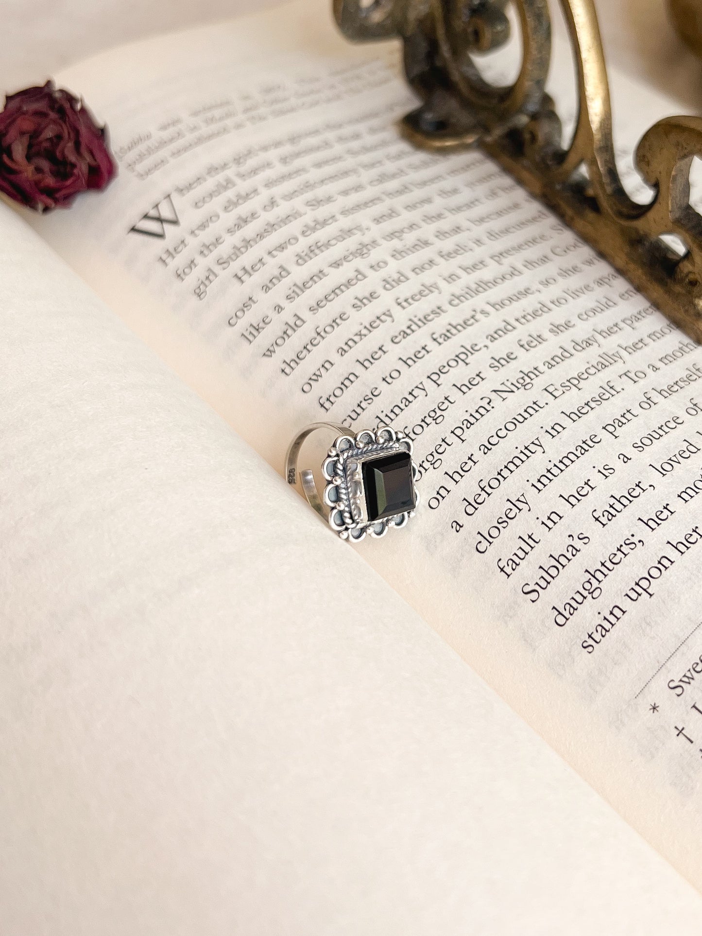 Antriksh black onyx stone square silver ring (adjustable)