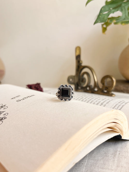 Antriksh black onyx stone square silver ring (adjustable)
