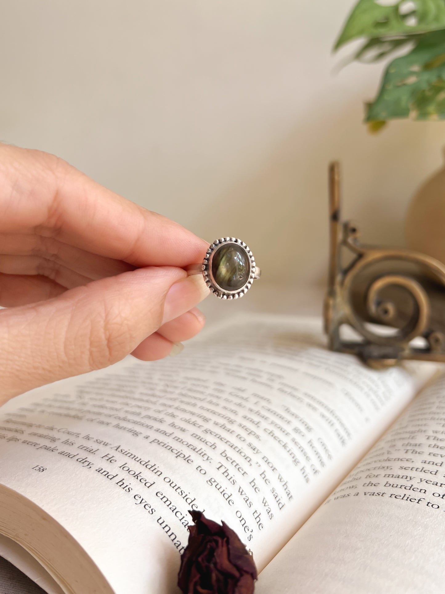 Aarzoo silver ring with green labrodite (adjustable)