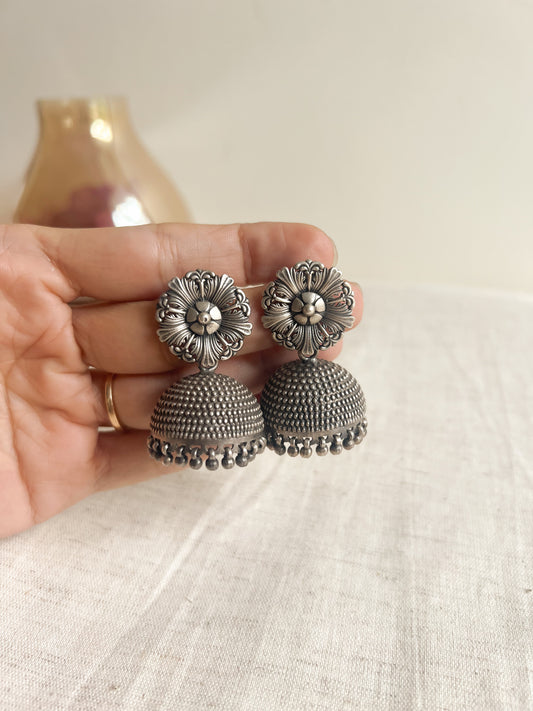 Zunaira oxidised silver jhumka with intricate surface details