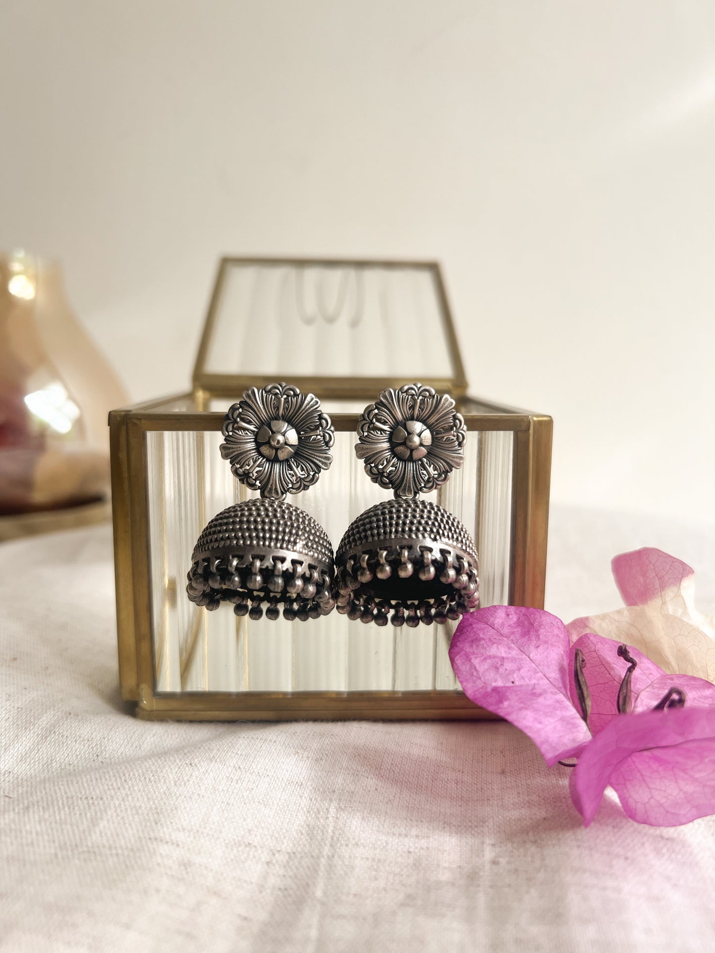 Zunaira oxidised silver jhumka with intricate surface details
