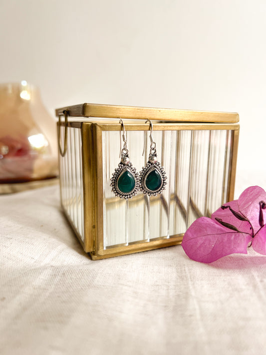 Eka drops with fish hook in oxidised silver and green agate stone