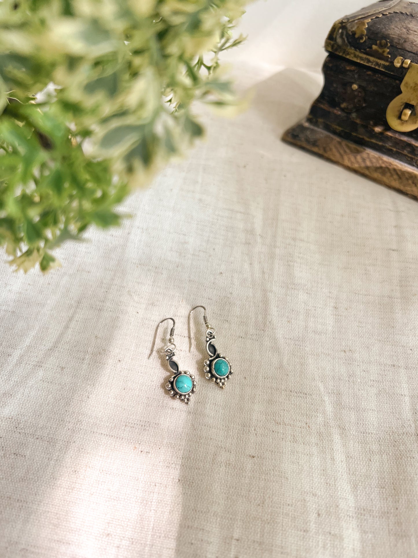 Firoza turquoise stone fish hook earrings in silver