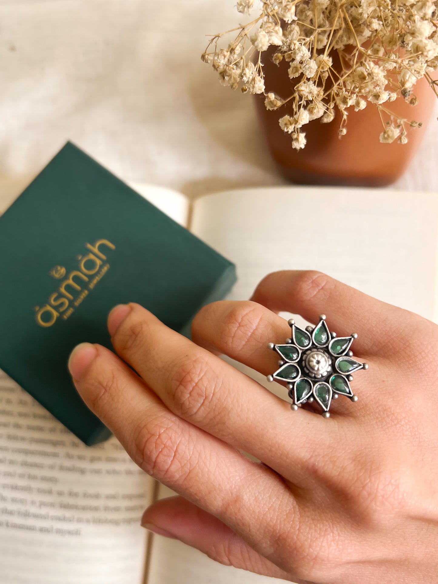 Vatsala silver ring with green onyx (adjustable)