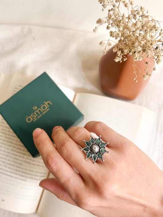 Vatsala silver ring with green onyx (adjustable)