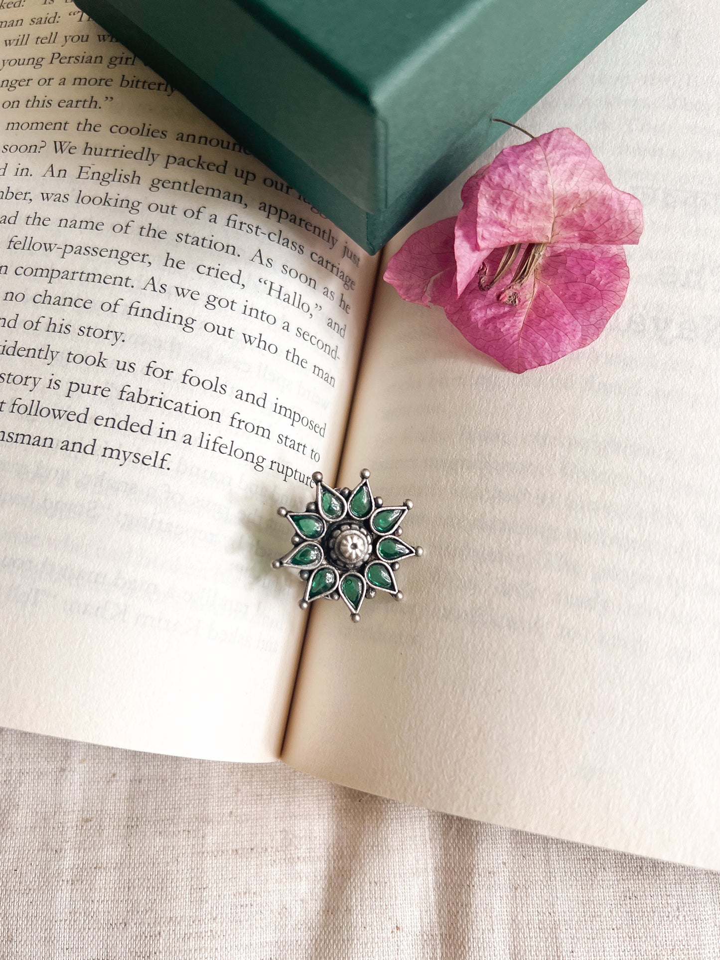 Vatsala silver ring with green onyx (adjustable)