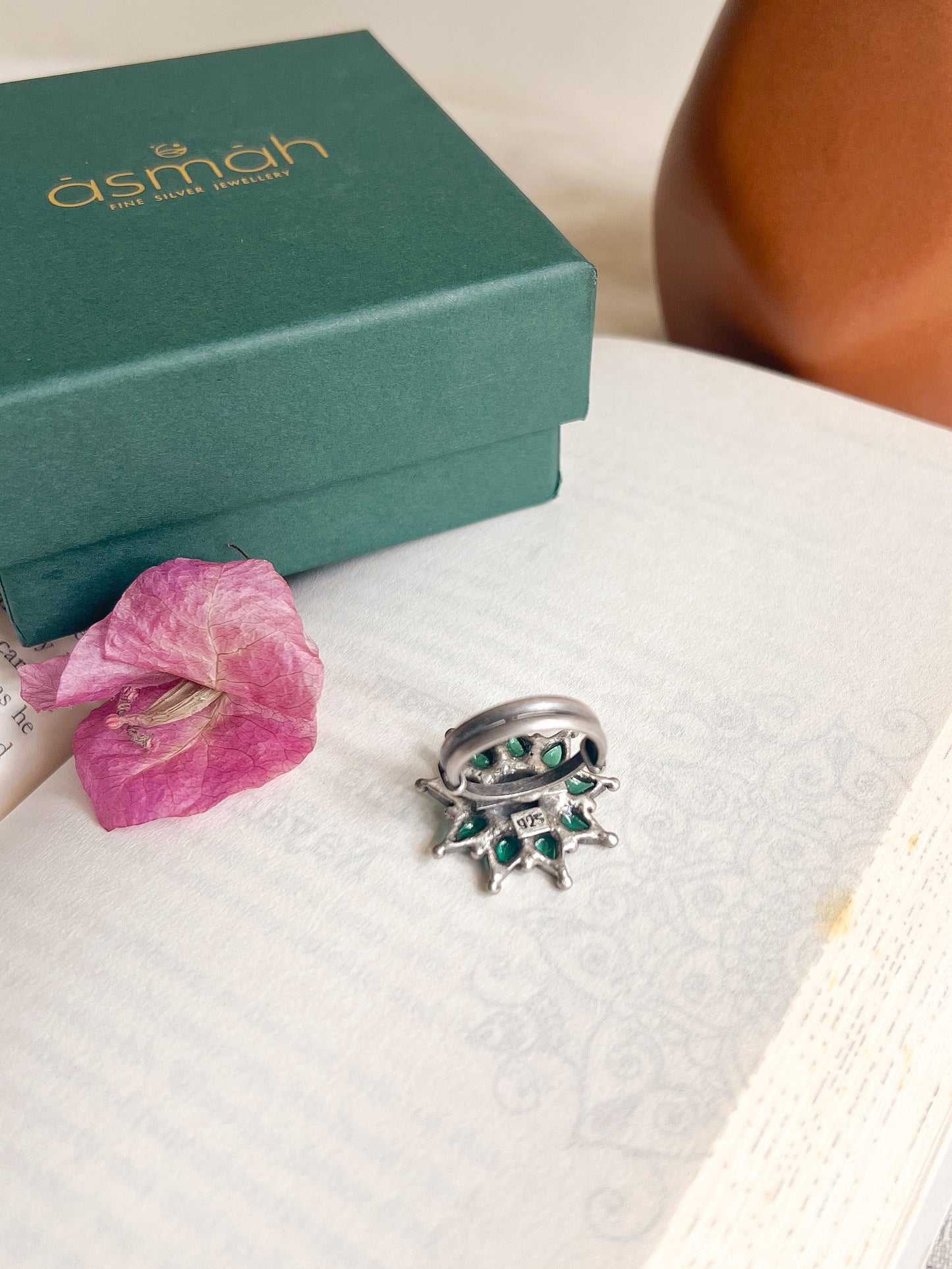 Vatsala silver ring with green onyx (adjustable)