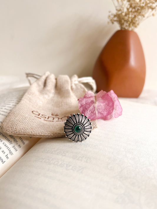 Sarvika oxidised silver adjustable ring with green onyx