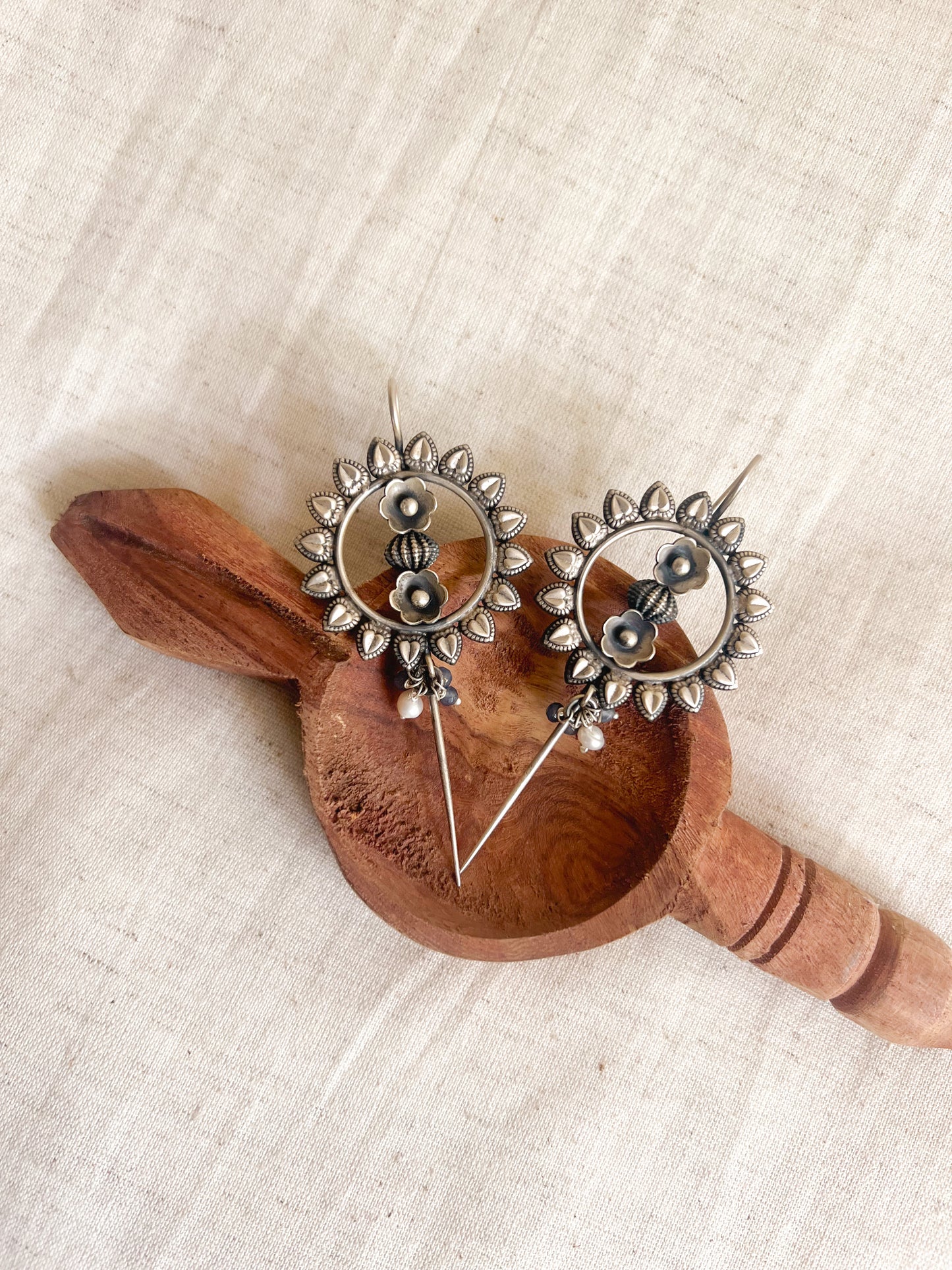 Surajmukhi oxidised silver needle ear cuffs