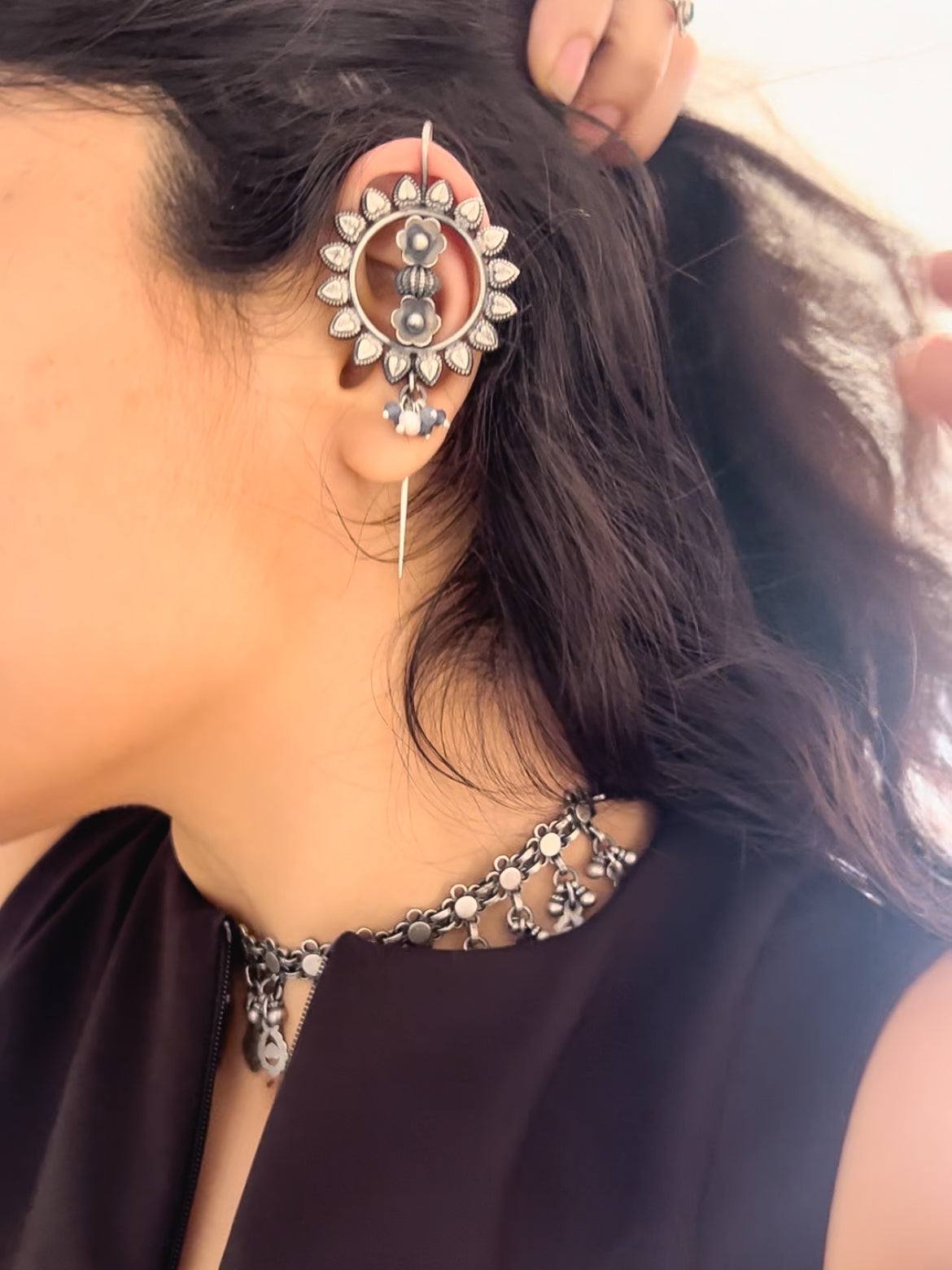 Surajmukhi oxidised silver needle ear cuffs