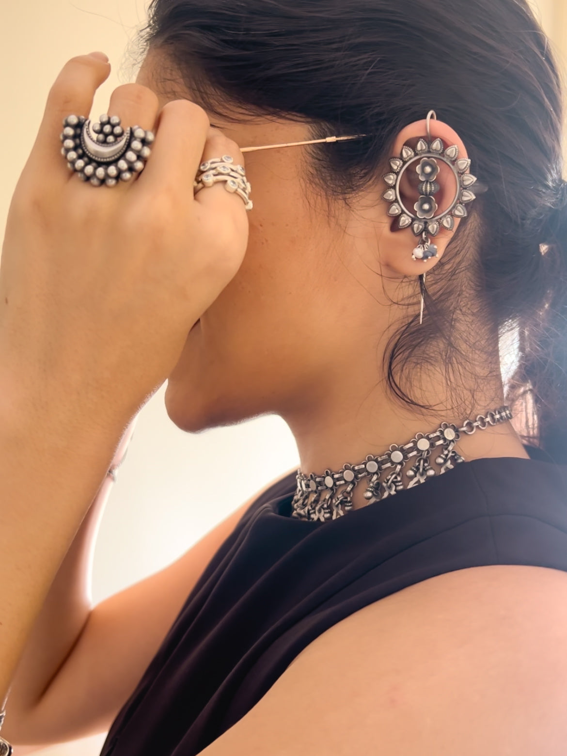 Surajmukhi oxidised silver needle ear cuffs