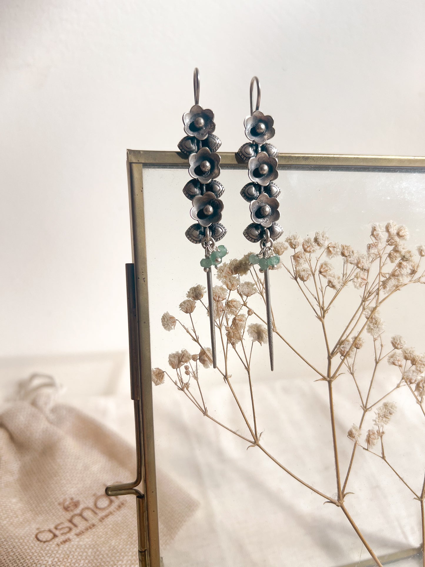 Sugandhi needle earcuff in silver with pearl and jade cluster