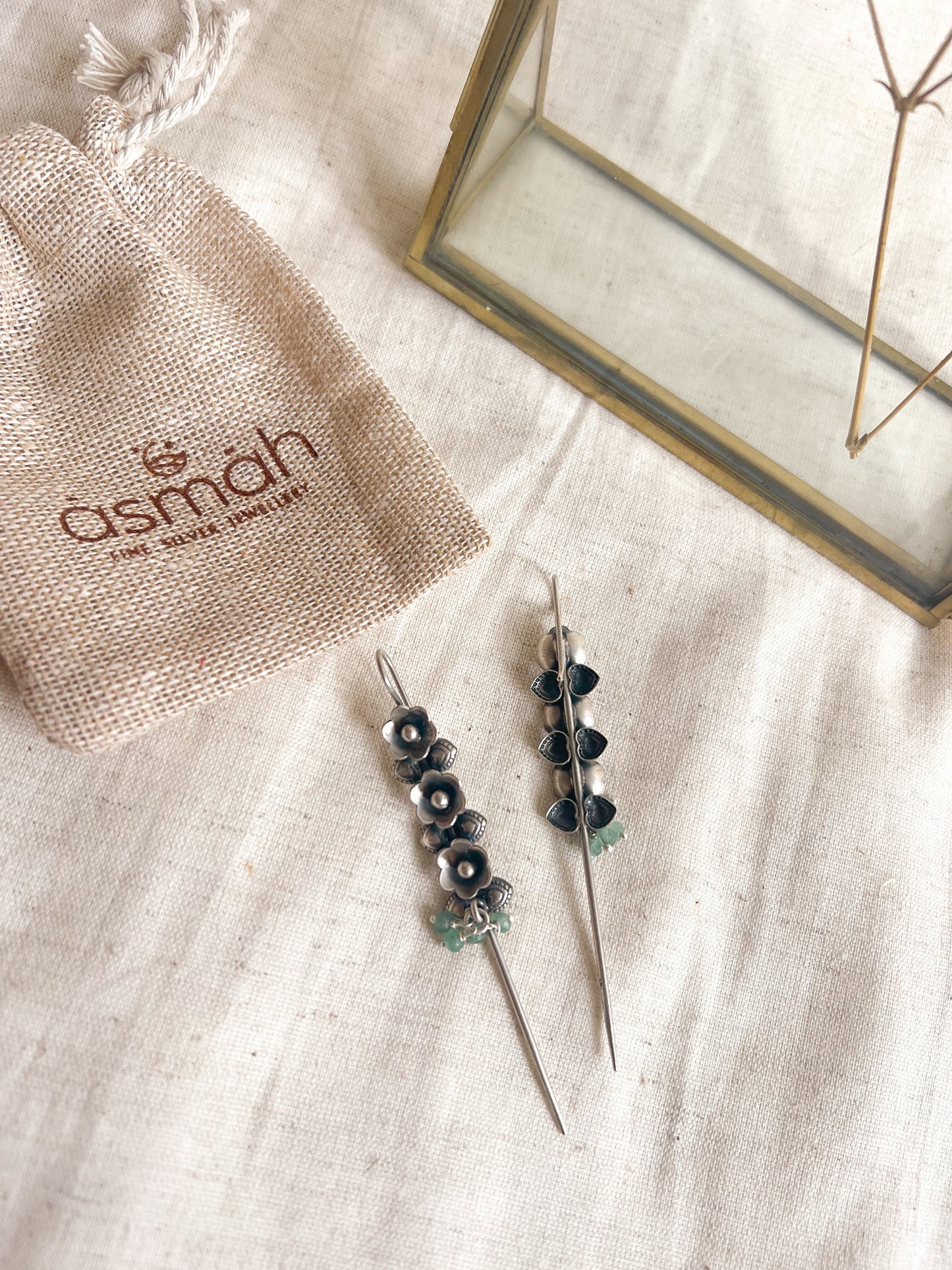 Sugandhi needle earcuff in silver with pearl and jade cluster