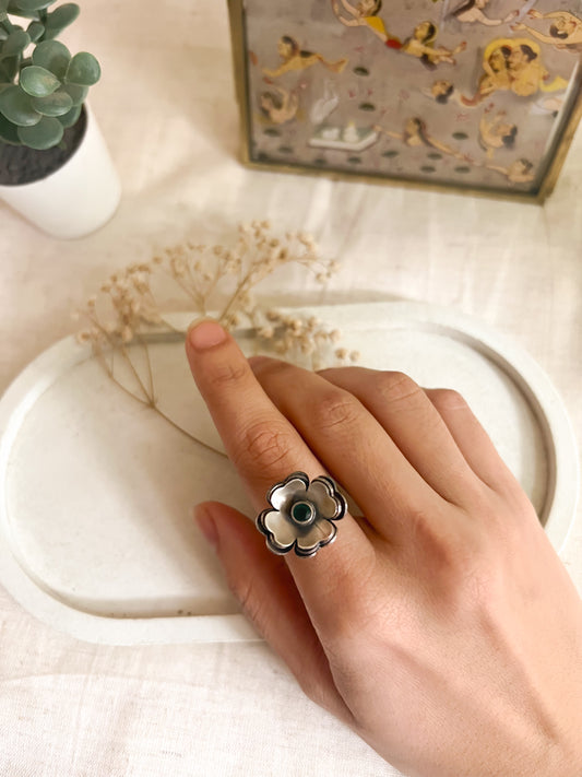 Zoya flower ring in oxidised silver with green stone (adjustable)
