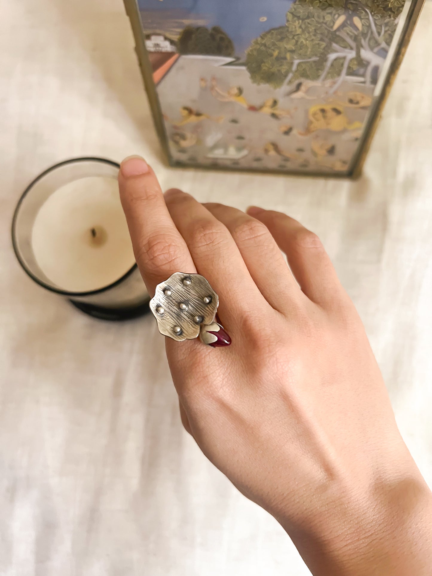 Mahua ring in silver with ruby onyx (adjustable )