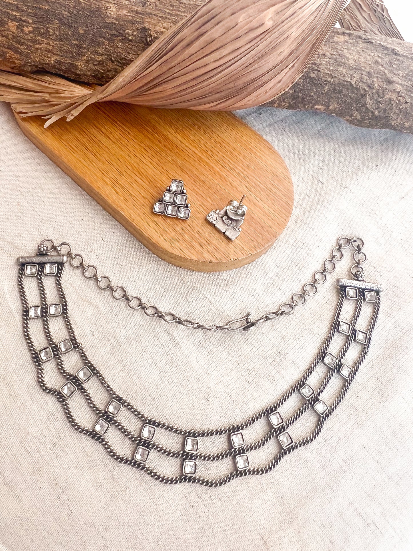 Nayanika necklace set with kundan details in sterling silver (with matching studs)