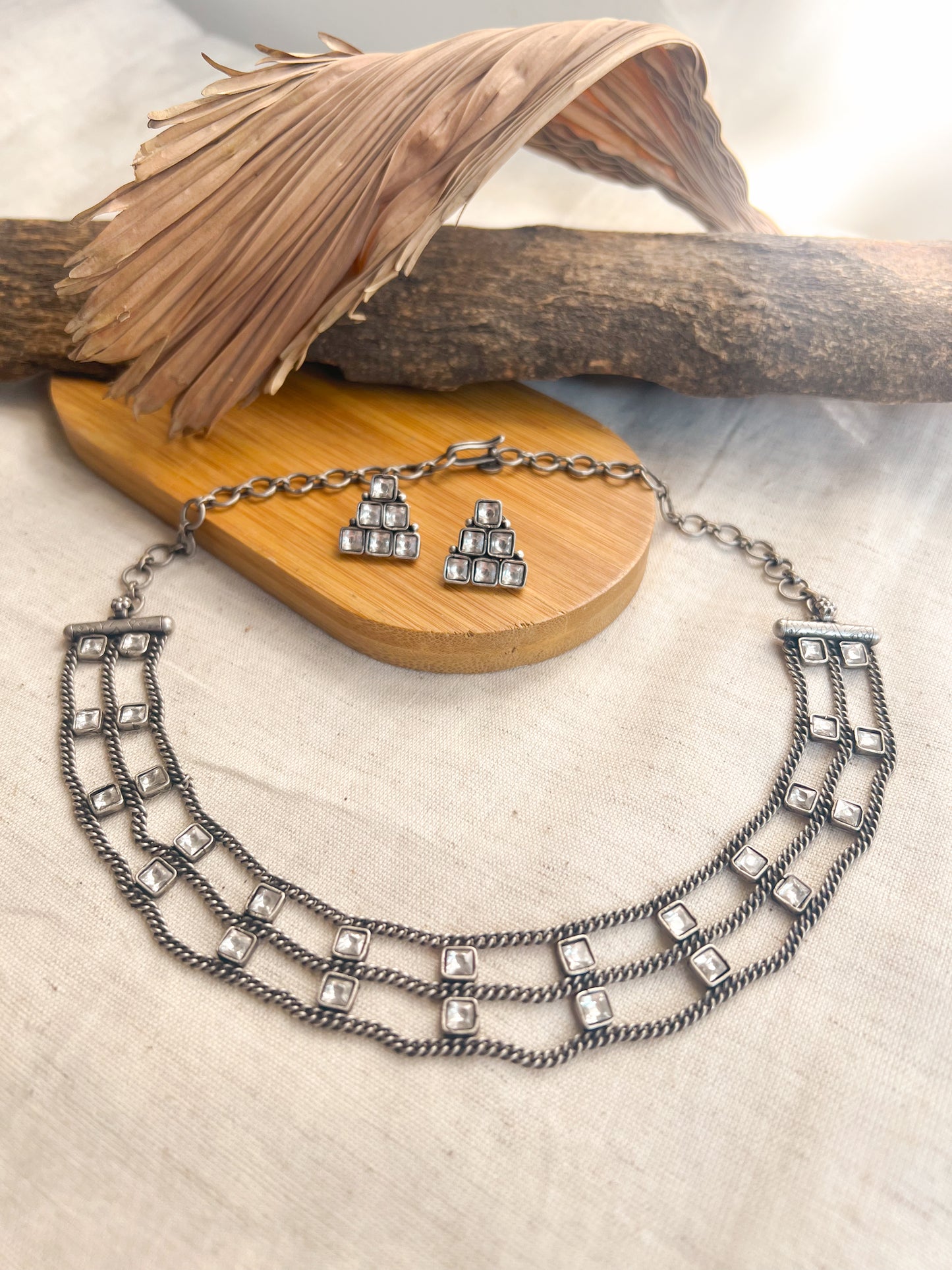 Nayanika necklace set with kundan details in sterling silver (with matching studs)