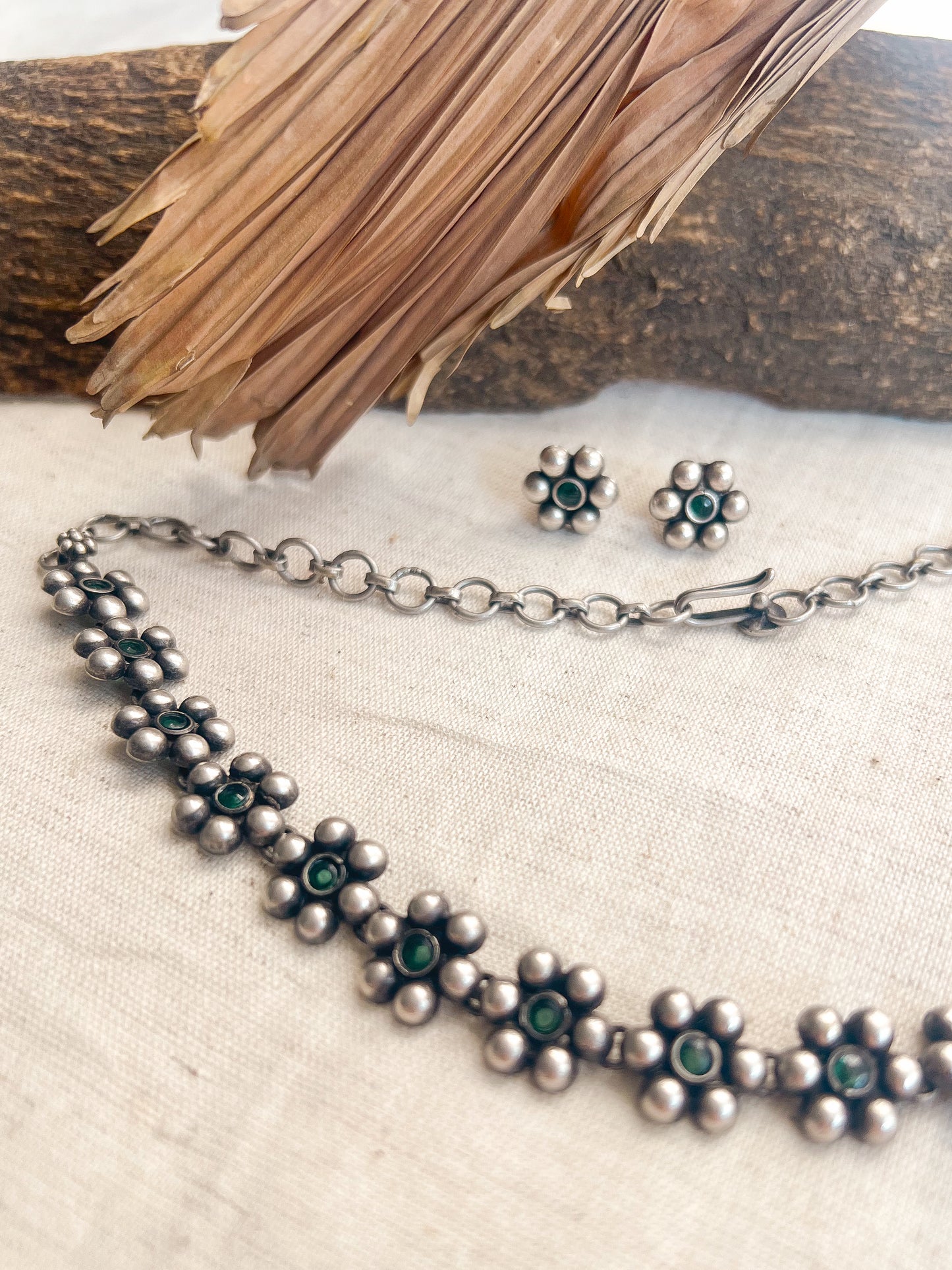 Devina oxidised silver necklace set with flower charm