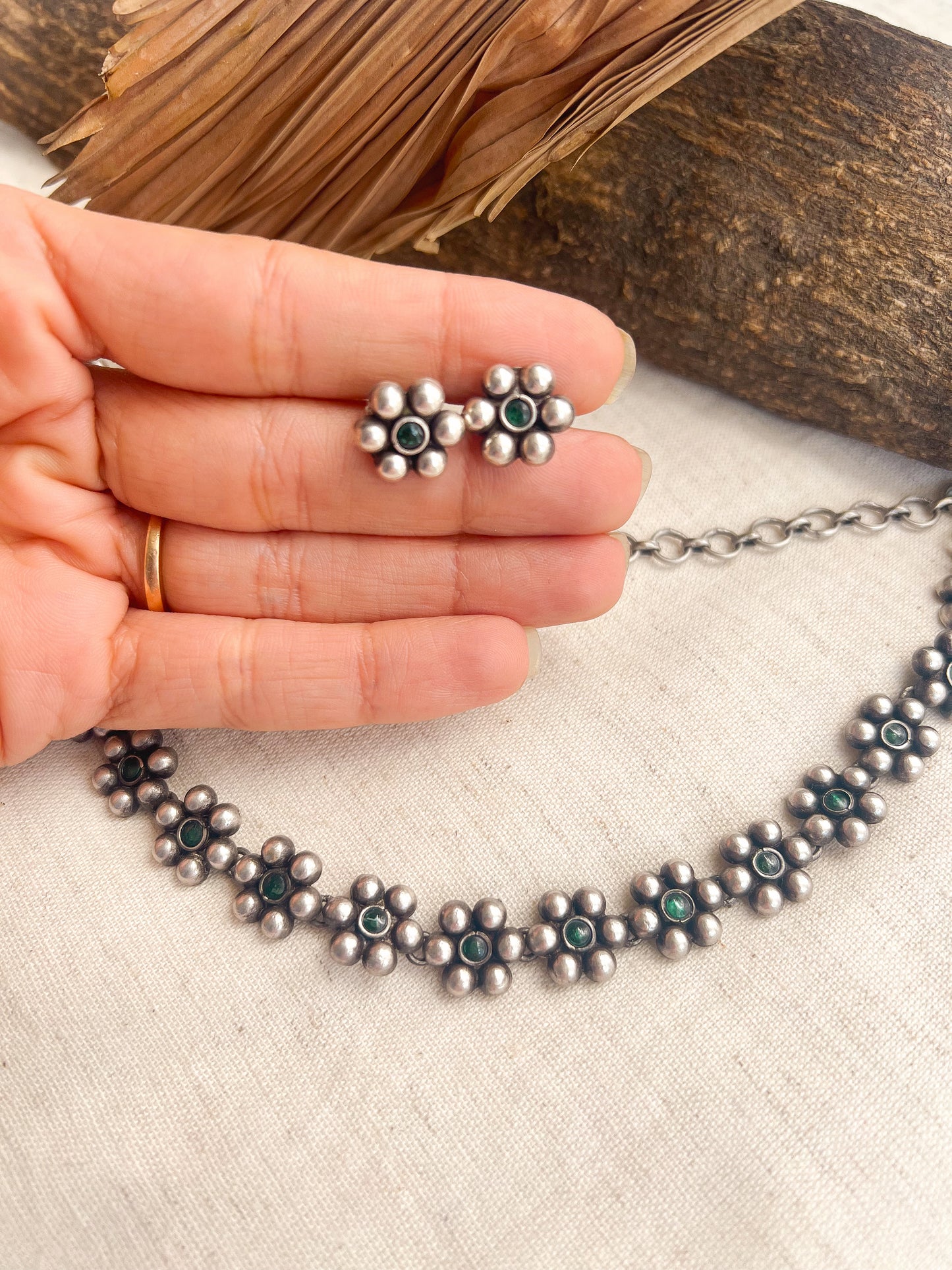 Devina oxidised silver necklace set with flower charm