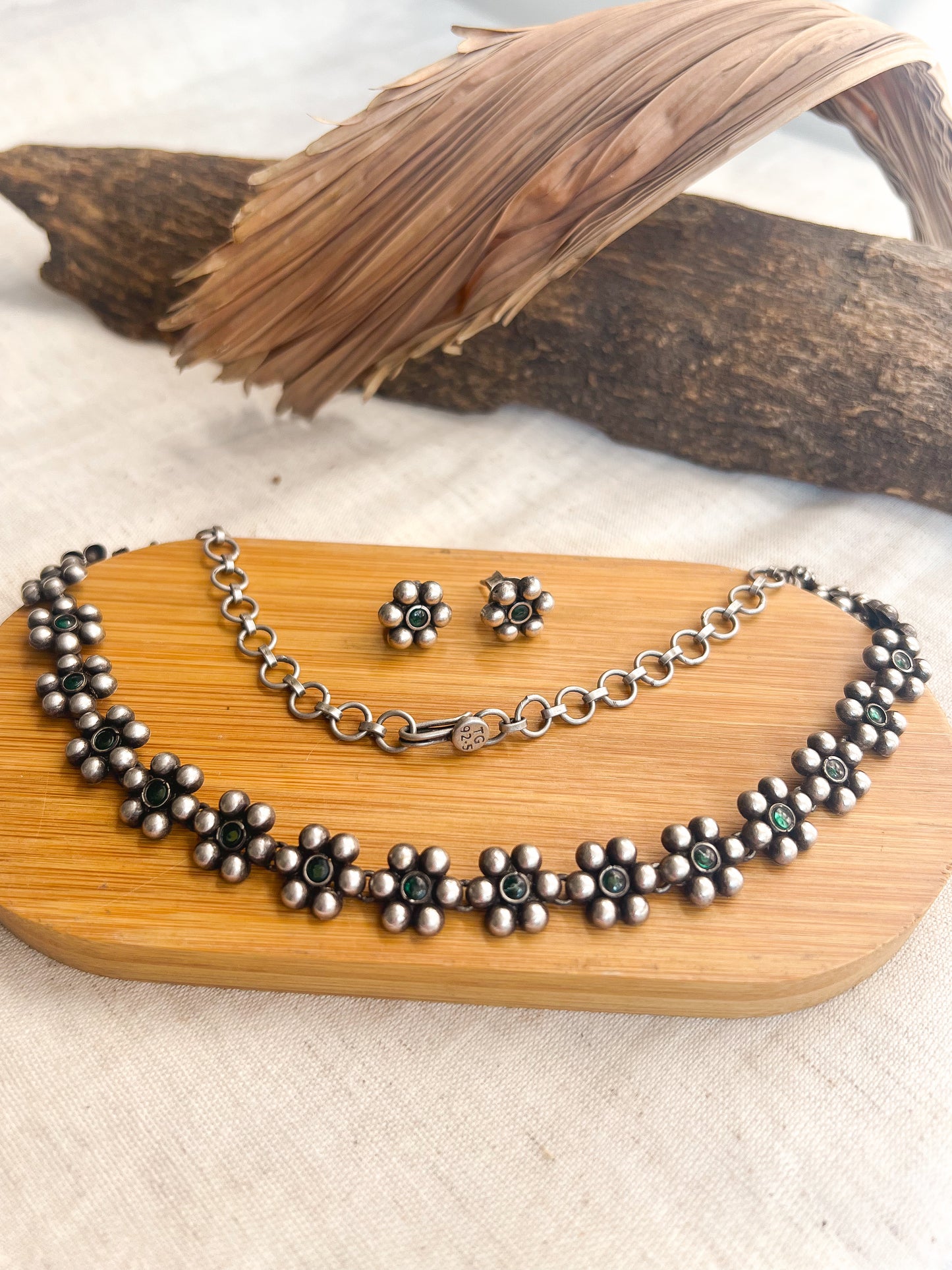 Devina oxidised silver necklace set with flower charm