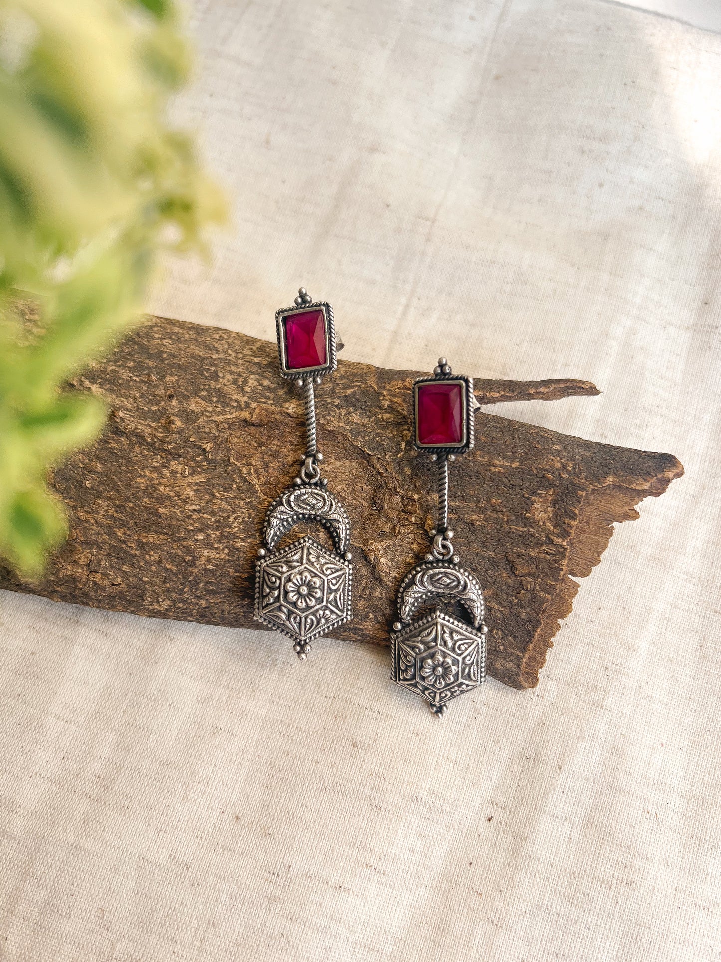 Vasudha oxidised silver earring with pink glass stone