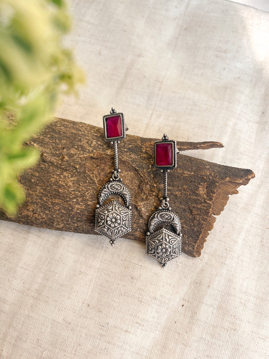 Vasudha oxidised silver earring with pink glass stone