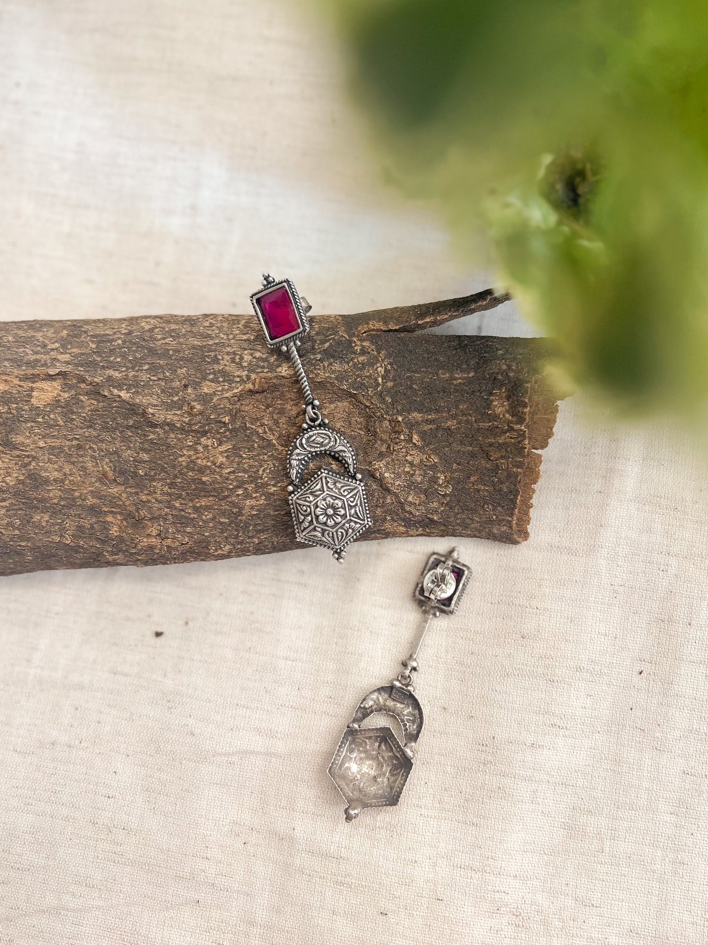 Vasudha oxidised silver earring with pink glass stone
