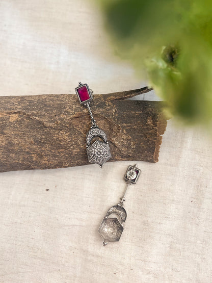 Vasudha oxidised silver earring with pink glass stone