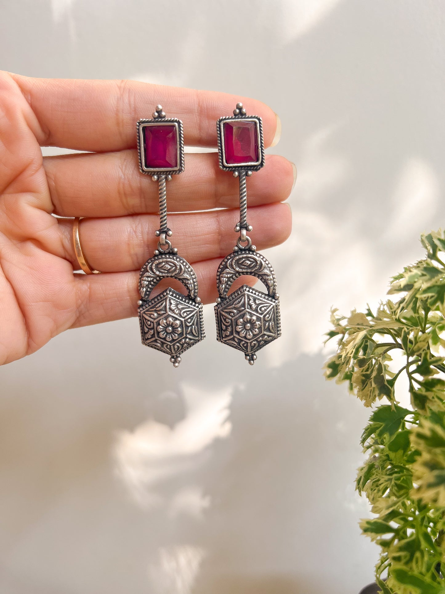 Vasudha oxidised silver earring with pink glass stone