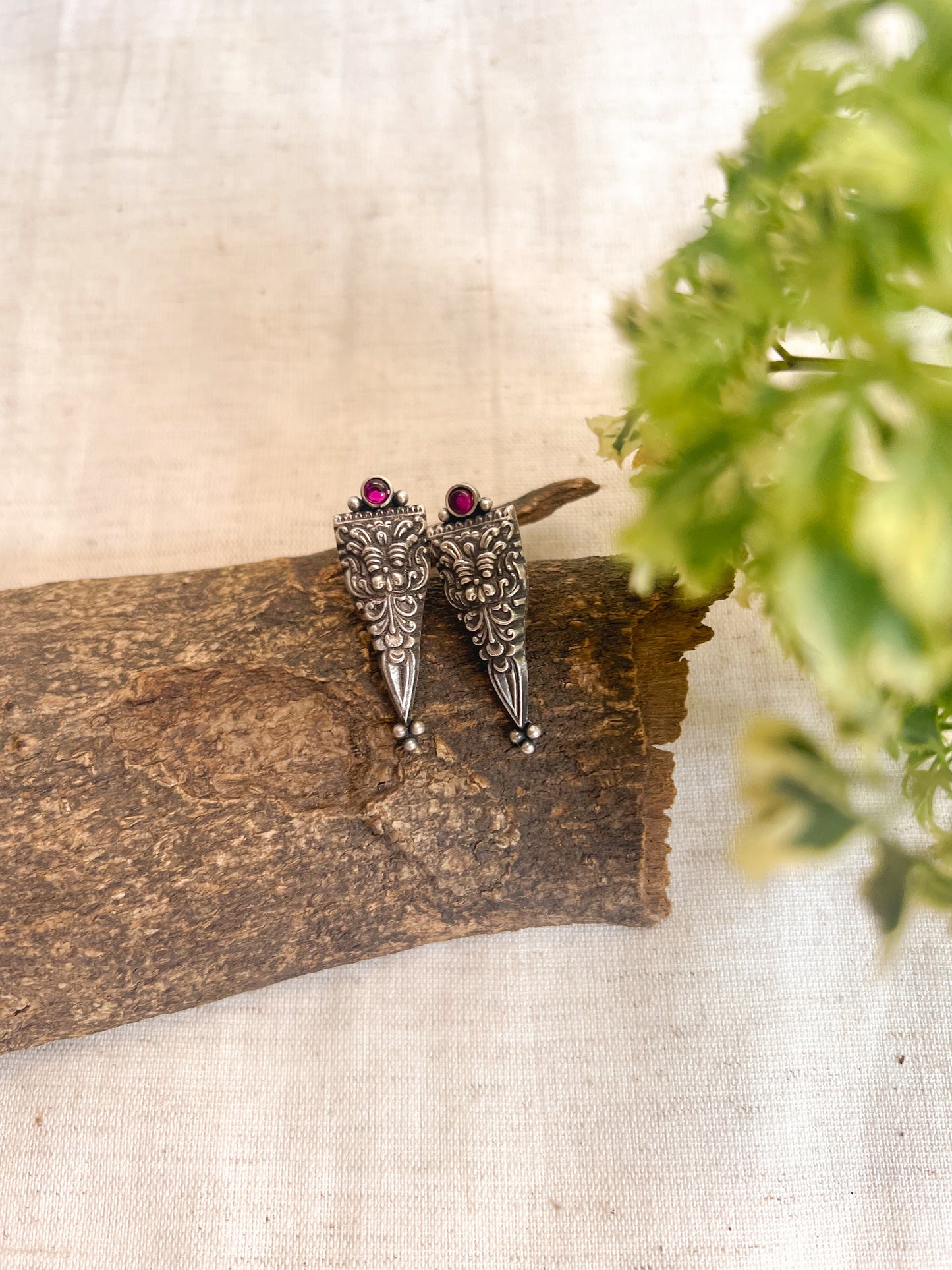 Agneya oxidised silver studs with pink glass stone