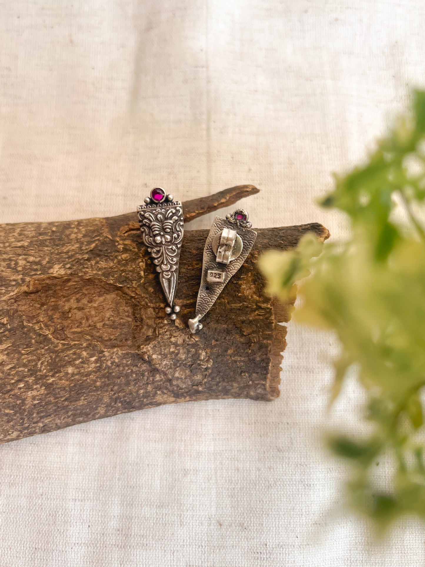 Agneya oxidised silver studs with pink glass stone