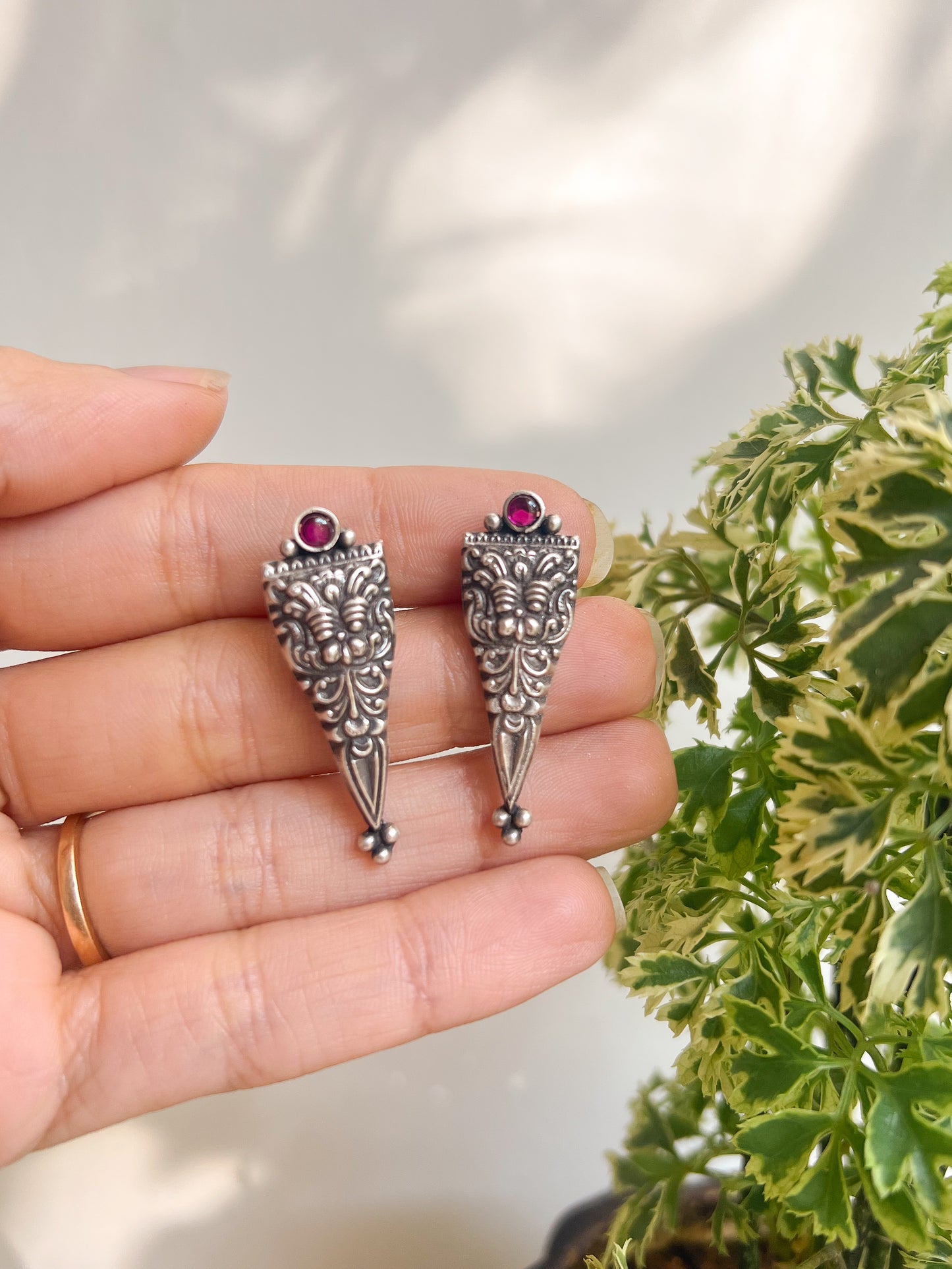 Agneya oxidised silver studs with pink glass stone