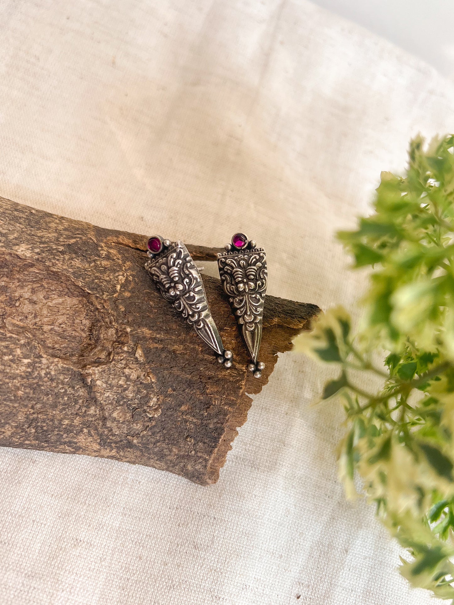 Agneya oxidised silver studs with pink glass stone