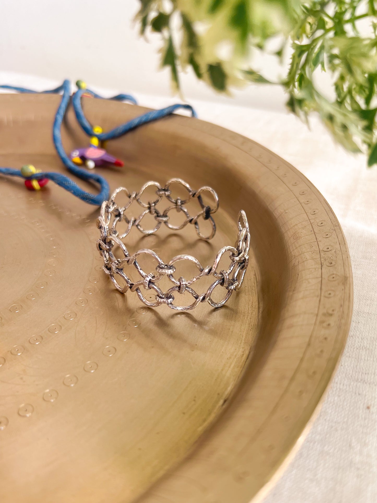 Navika silver oxidised kada with link chain details (adjustable)