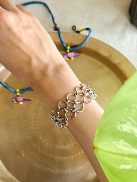 Navika silver oxidised kada with link chain details (adjustable)