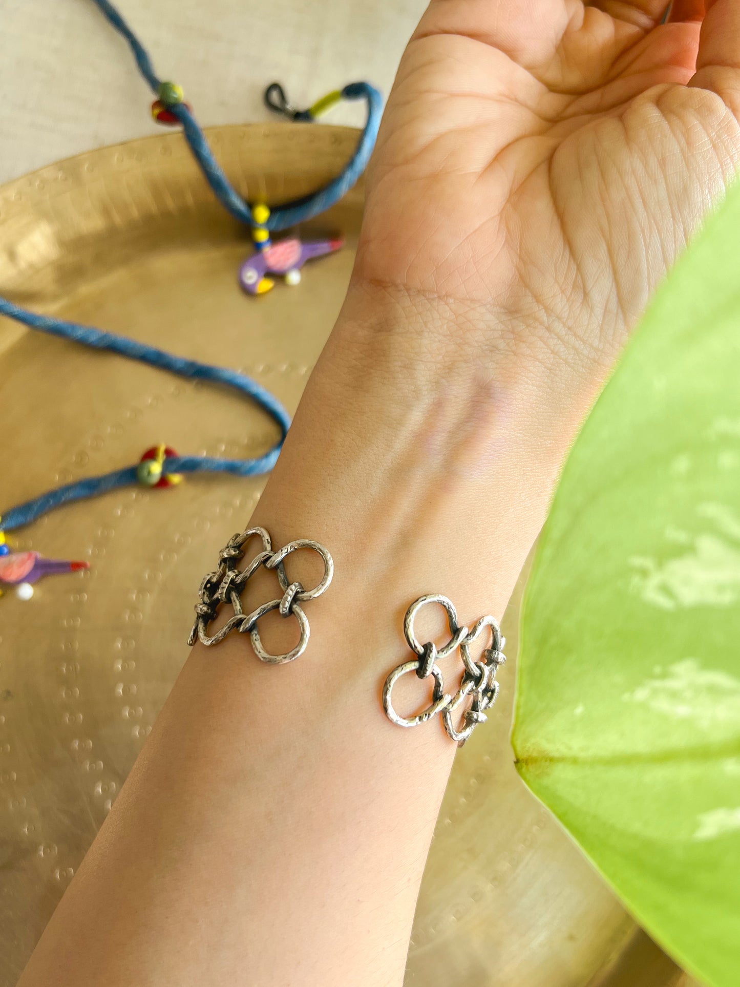 Navika silver oxidised kada with link chain details (adjustable)