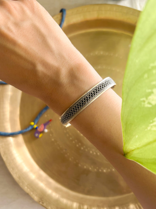 Nirvi oxidised silver kada with details (adjustable)