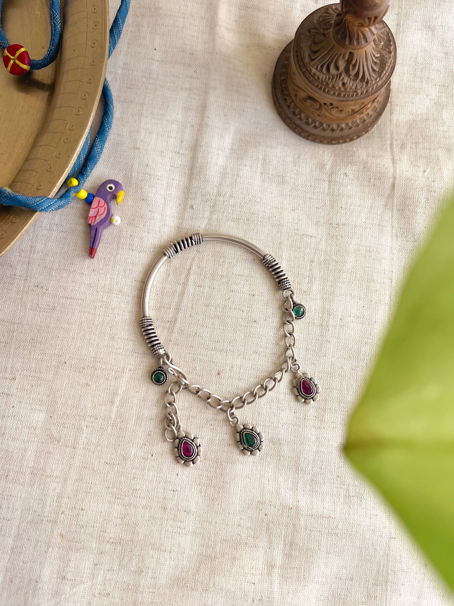 Ishani silver Kada / Bracelet with flower charms (adjustable)