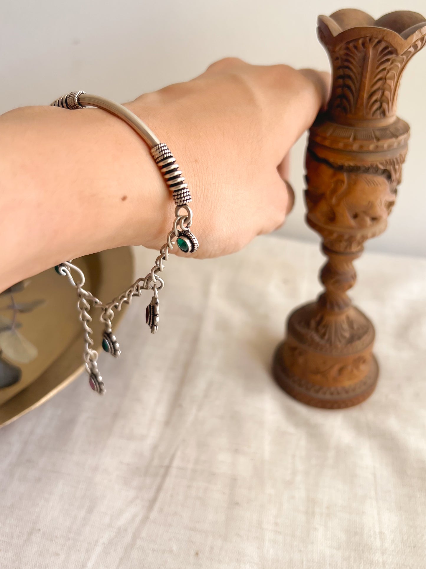 Ishani silver Kada / Bracelet with flower charms (adjustable)