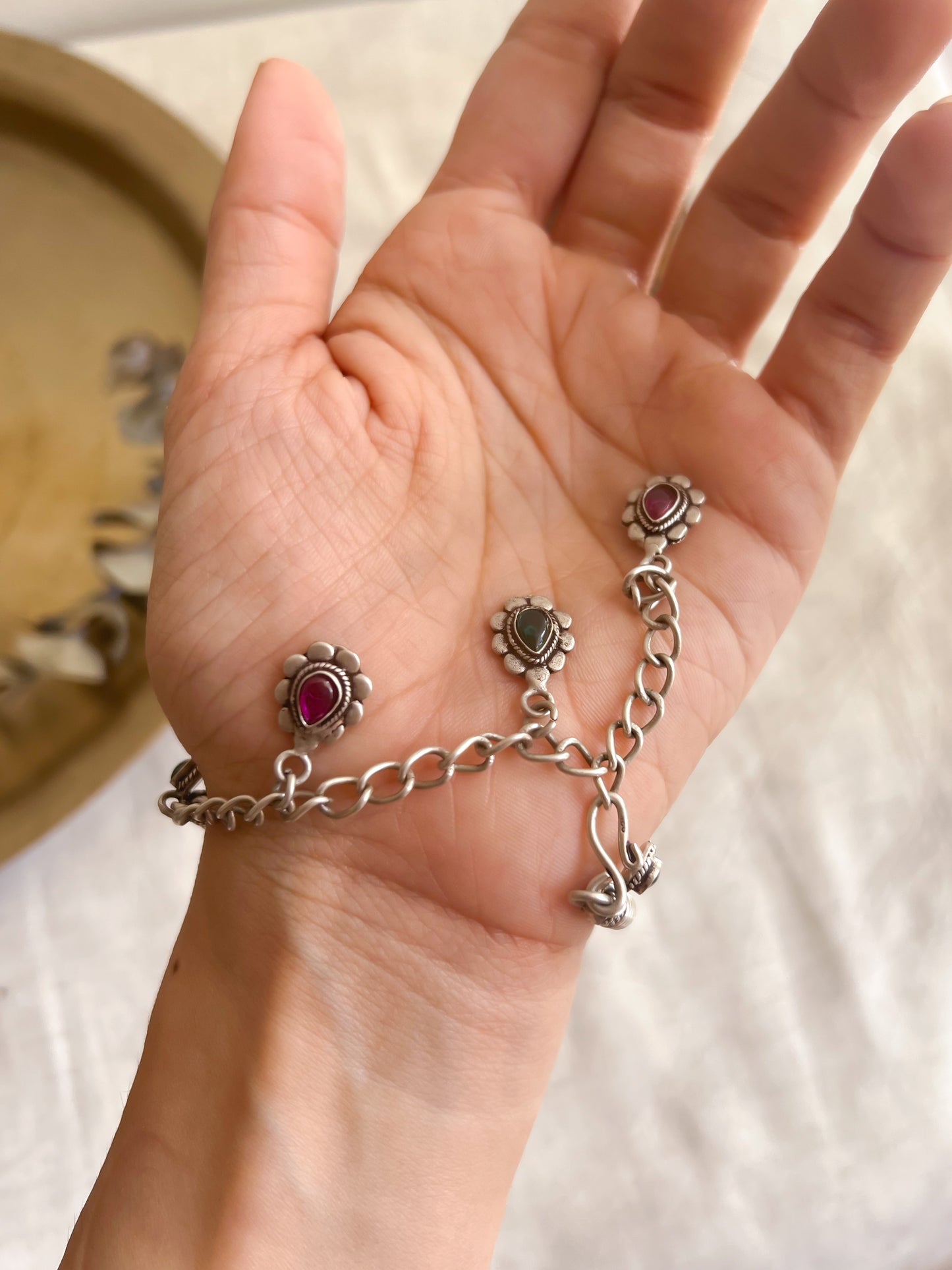 Ishani silver Kada / Bracelet with flower charms (adjustable)