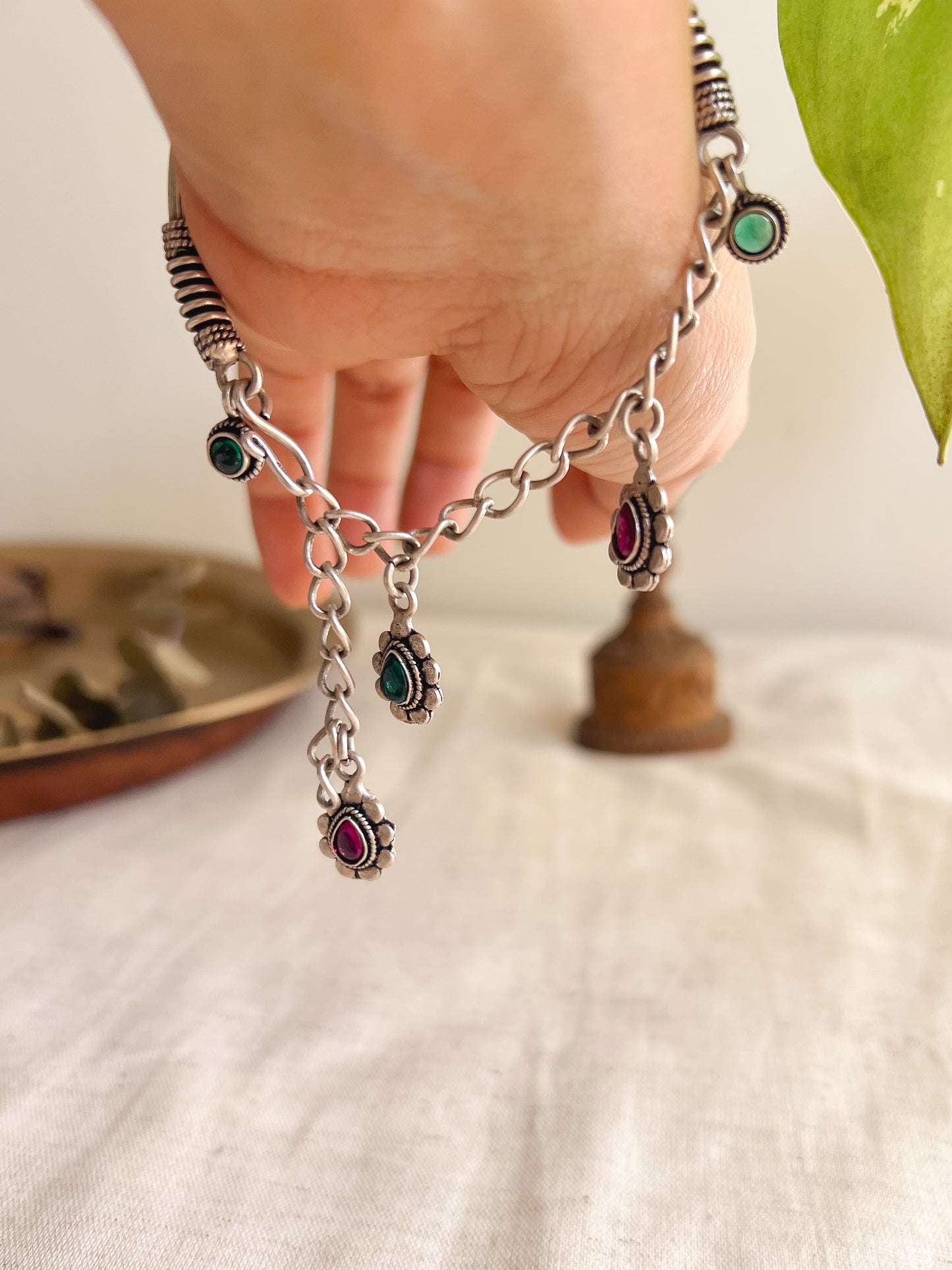 Ishani silver Kada / Bracelet with flower charms (adjustable)
