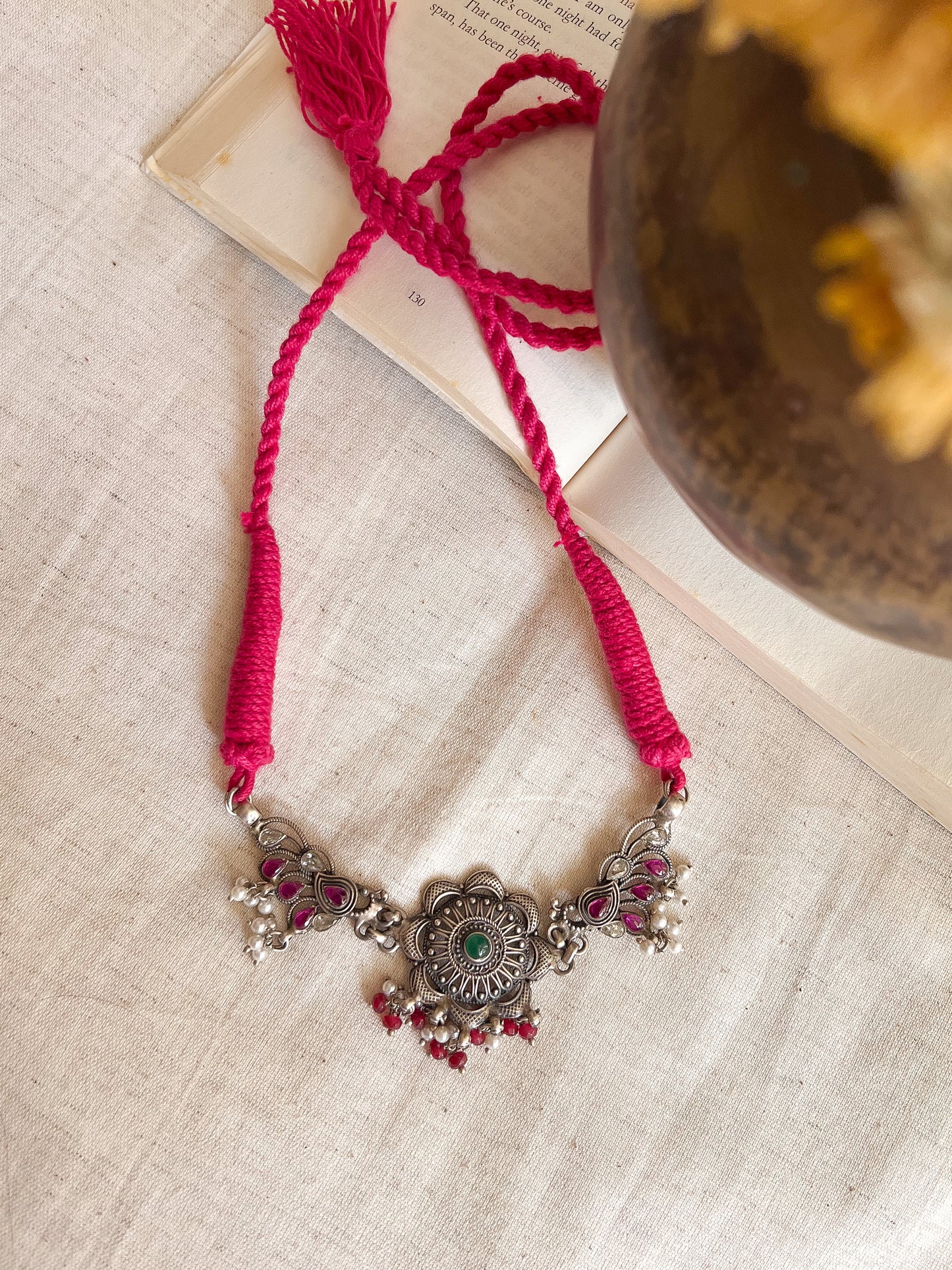 Mayur silver choker with ruby cluster pearls and jade stones