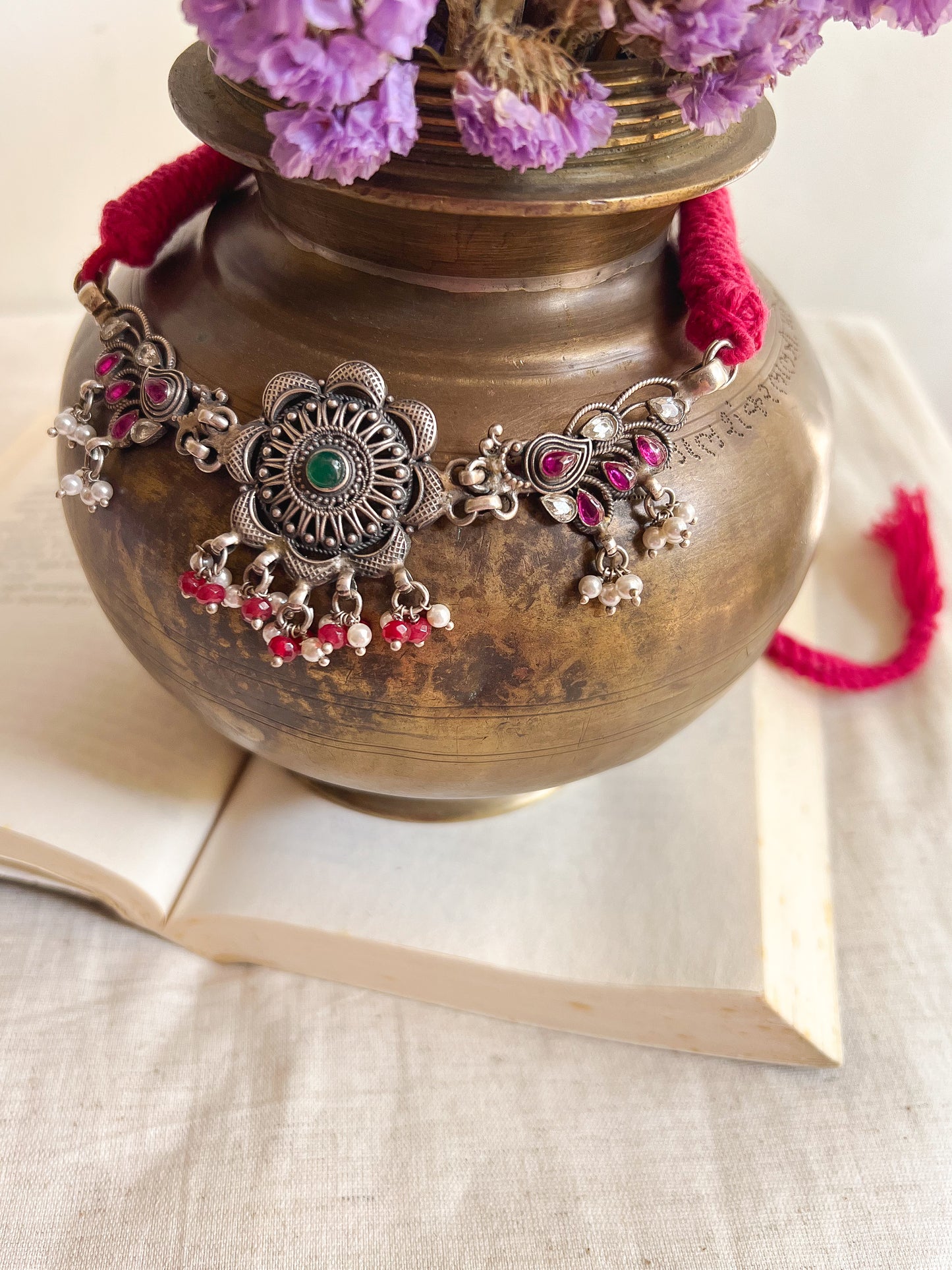 Mayur silver choker with ruby cluster pearls and jade stones