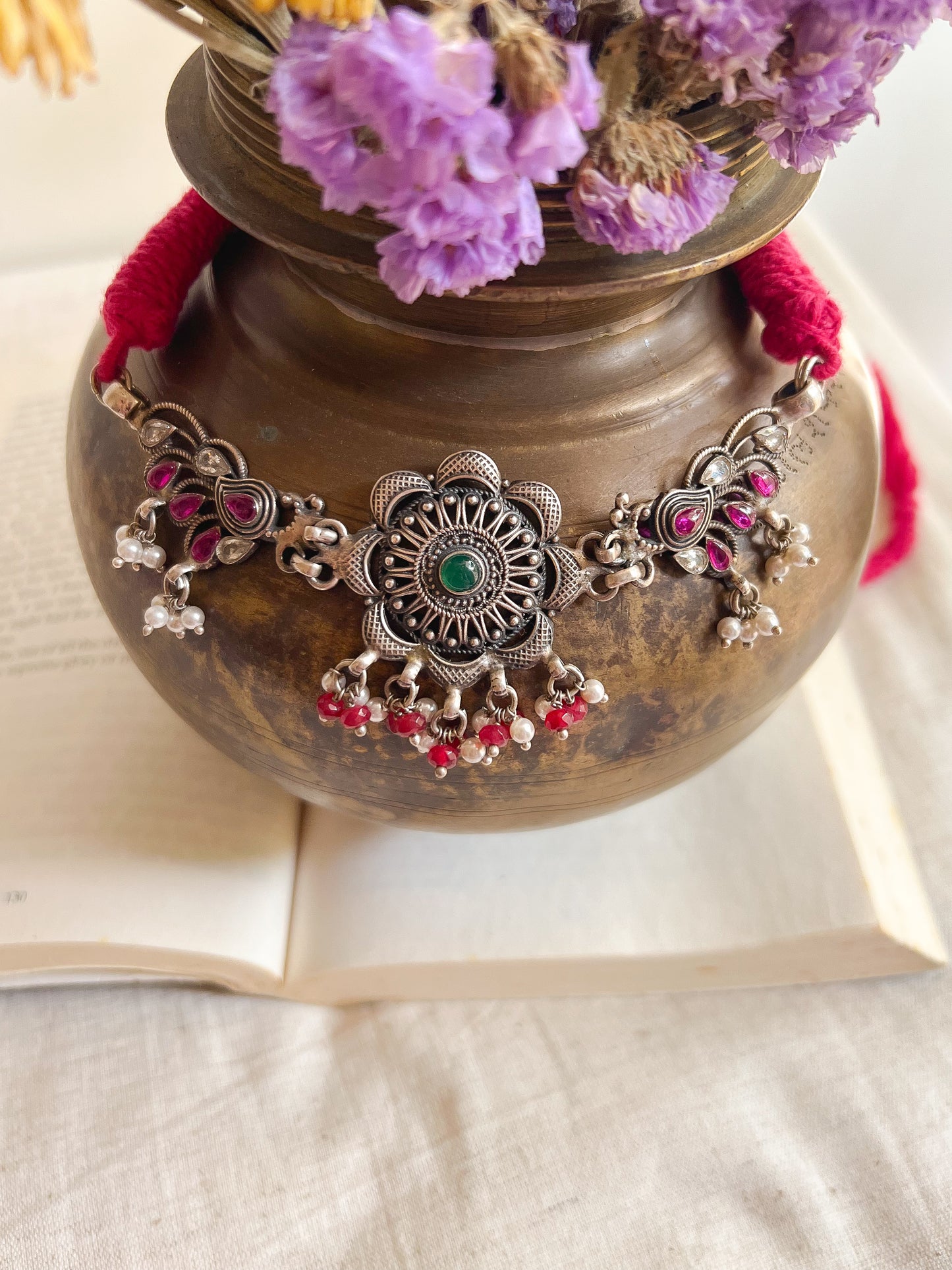 Mayur silver choker with ruby cluster pearls and jade stones