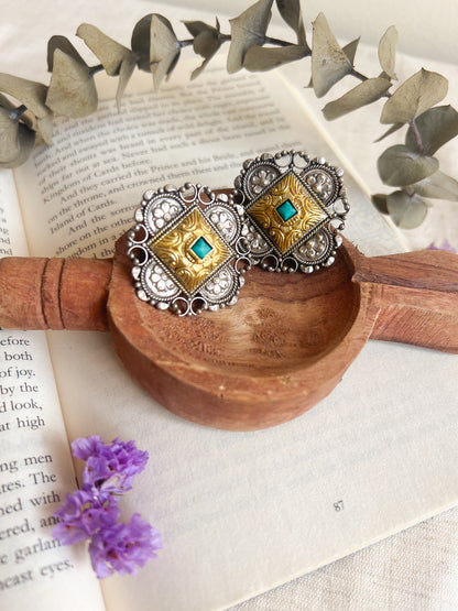 Aloka dual tone silver ear studs with firoza detail